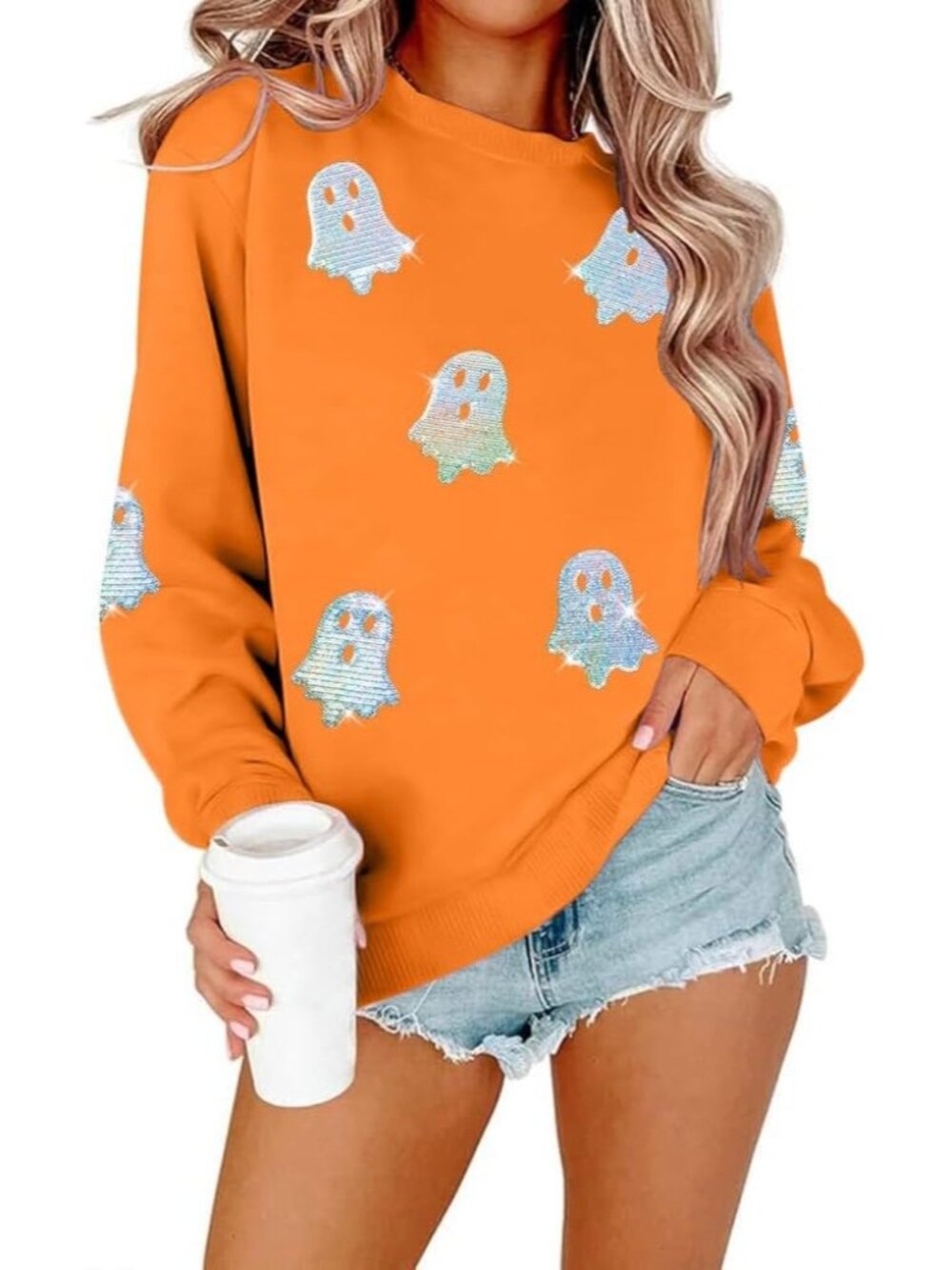 🆕 Women's Orange Sequin Ghost Crewneck Halloween Spooky Sweatshirt Graphic Top